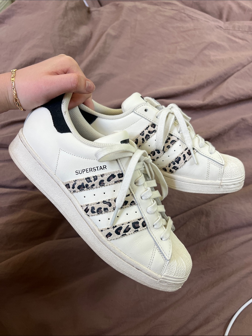 adidas White Leopard-Accent Superstar Sneakers